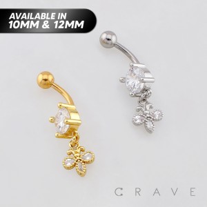 DANGLING MULTI CZ BUTTERLFY DANGLE BELLY BUTTON NAVEL RING 316L SURGICAL STEEL